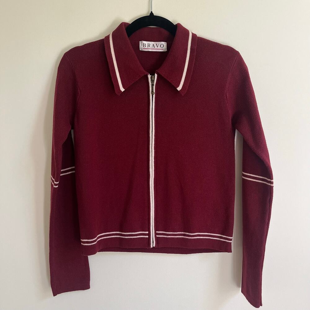 BRAVO Vintage Cardigan Sweater Full Zip Burgundy Red Contrast Stripe 90s Y2K S
